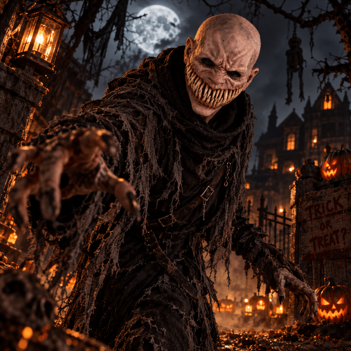 A menacing Halloween horror character with a bald, grotesque face, sharp yellowed teeth, and tattered dark robes reaching forward in a spooky haunted-house setting at night under a full moon.