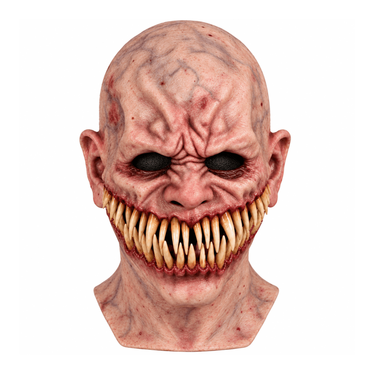 A realistic horror mask featuring a bald, wrinkled, pale flesh-toned head with dark hollow eyes and a wide grin showing many sharp yellowed teeth, isolated on a white background.