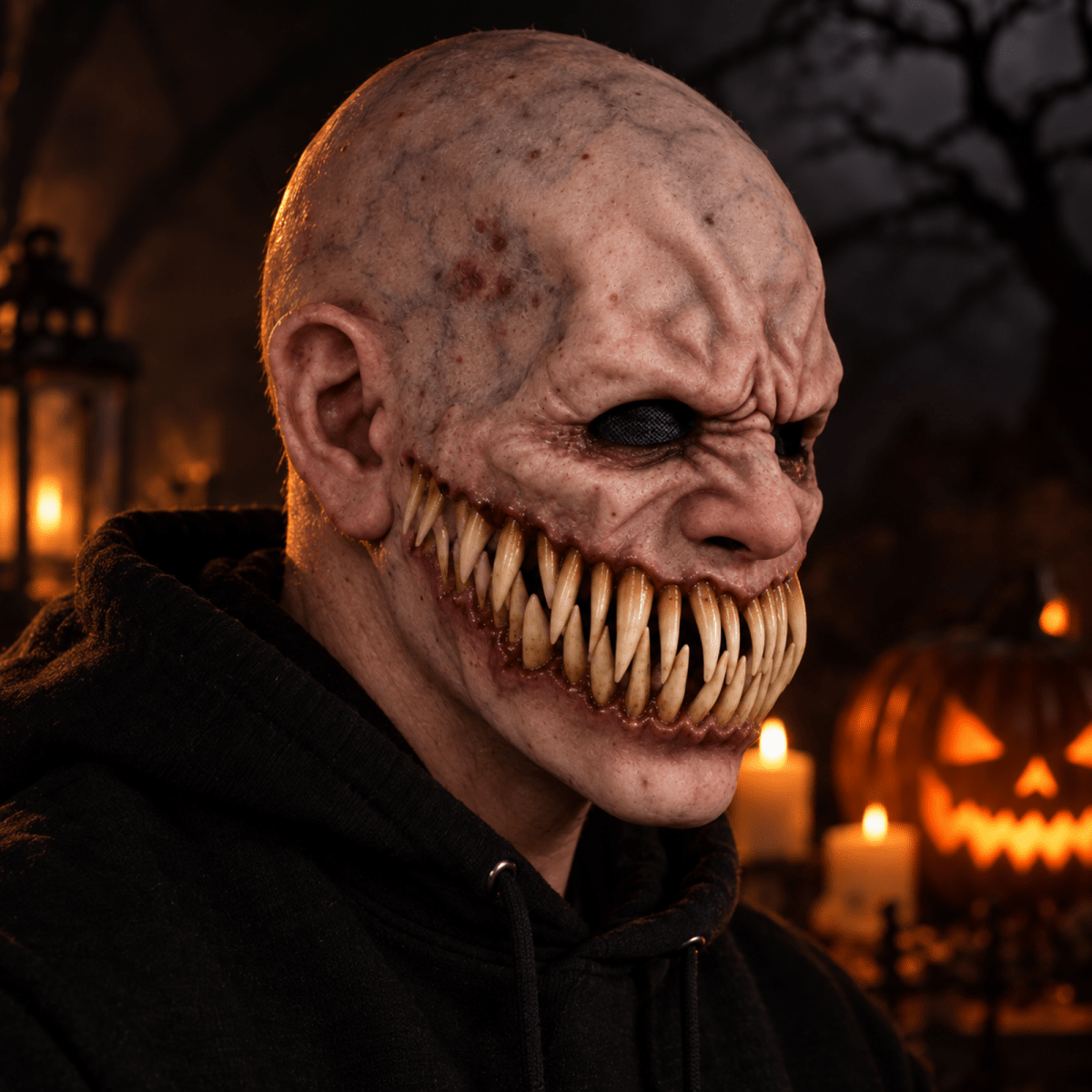 A close-up of a person wearing a scary, bald Halloween mask with a wide, toothy grin and dark eyes, dressed in a black hoodie, set against a dark, spooky background with candles and a jack-o'-lantern.