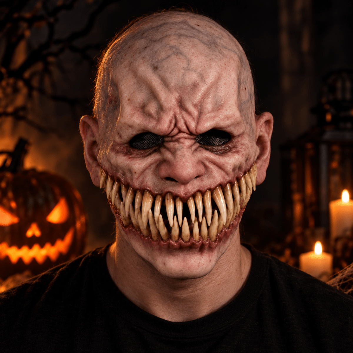 A close-up of a person wearing a terrifying Halloween mask with a bald head, dark hollow eyes, and an exaggerated wide grin showing many sharp yellowed teeth. The background is dark and moody with a lit jack-o'-lantern and candles.
