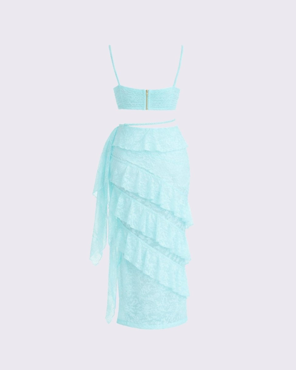 Back product view of aqua blue lace matching outfit highlighting the back bodice zipper and sheer layered ruffles on the skirt.