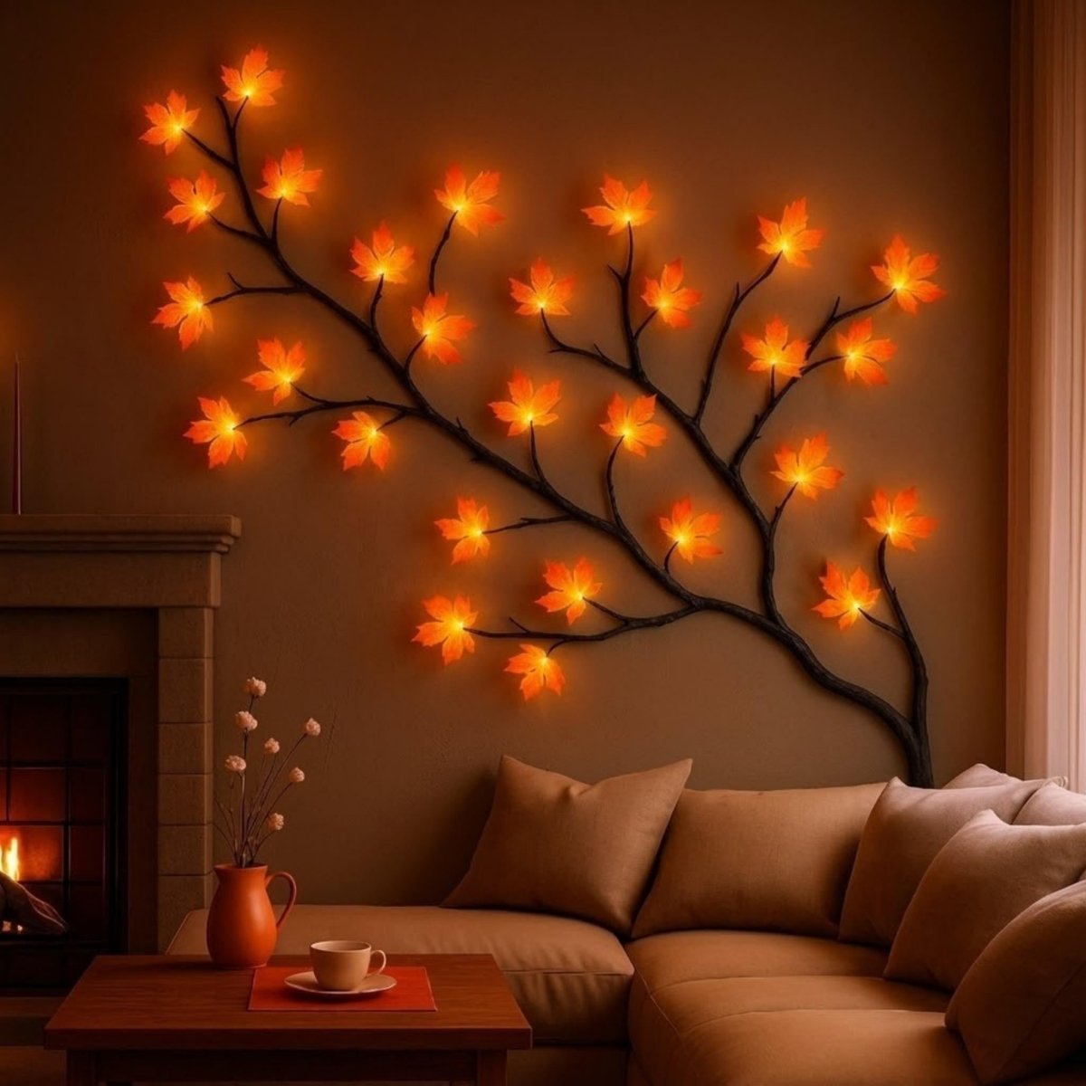 Decorative wall light shaped like a tree with glowing orange flowers in a cozy living room.