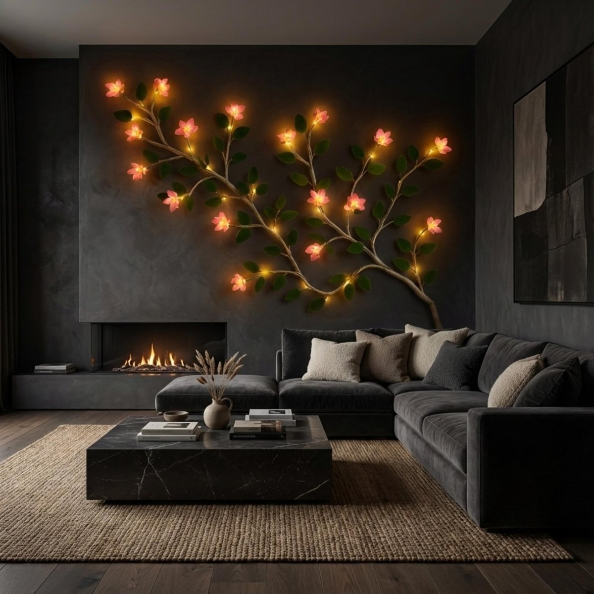 Modern living room with a dark gray sectional sofa, coffee table, and decorative wall art.