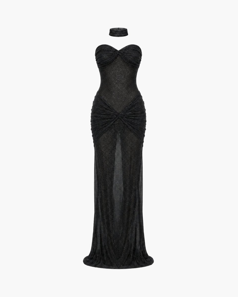 A black strapless evening gown displayed on a headless mannequin form against a plain light gray background.