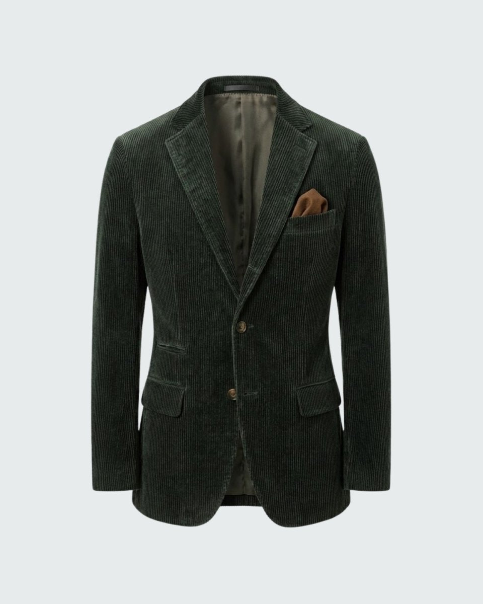 Flat-lay of the two-button green grady blazer, displaying the rich texture of the Italian cotton and notch lapels.