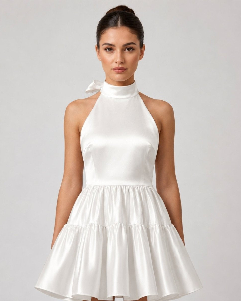 Close up portrait of a woman wearing a luxurious high neck white satin halter cocktail dress.