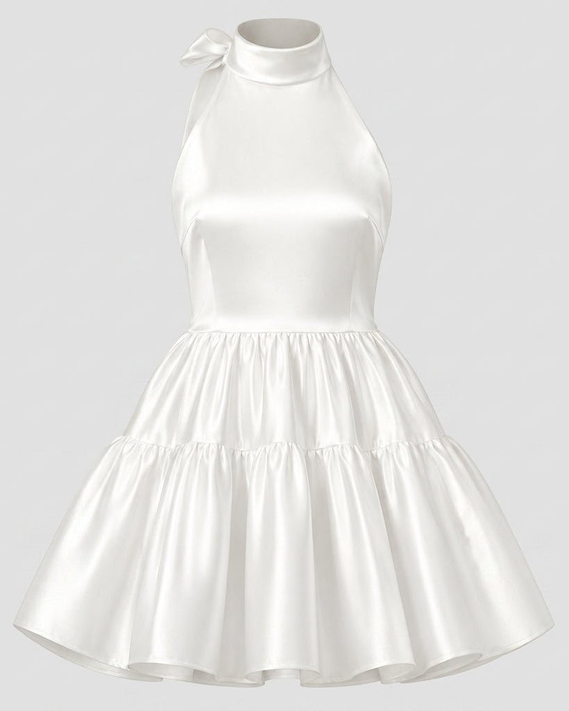 Ghost mannequin front view of a ivory sleeveless mini dress with a high halter neckline and tiered skirt.