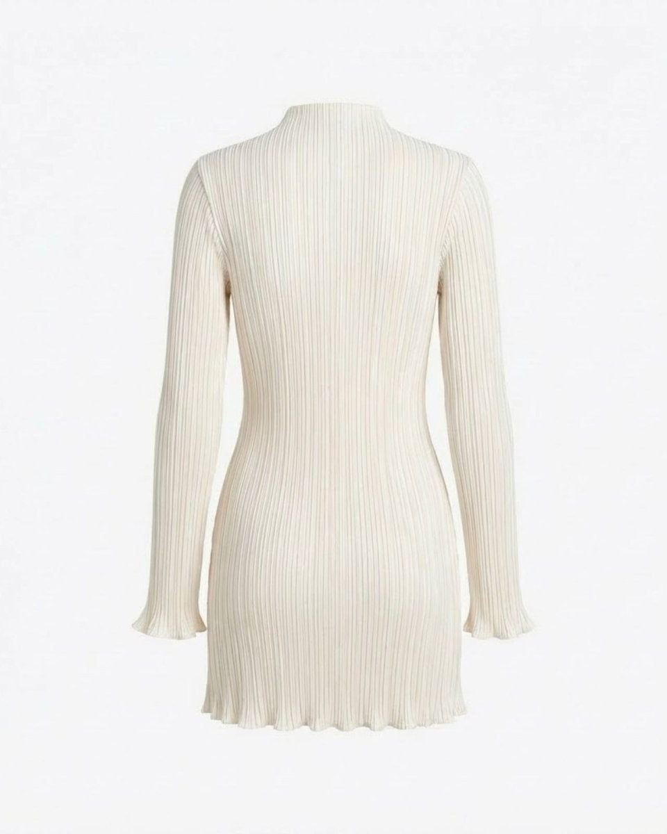 Flat lay of the back of the ivory pleated mini dress, detailing the vertical pleats and shape.