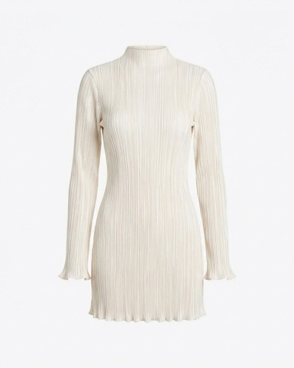 Flat lay product shot of the ivory pleated mock neck mini dress, highlighting the texture and ruffled cuffs.