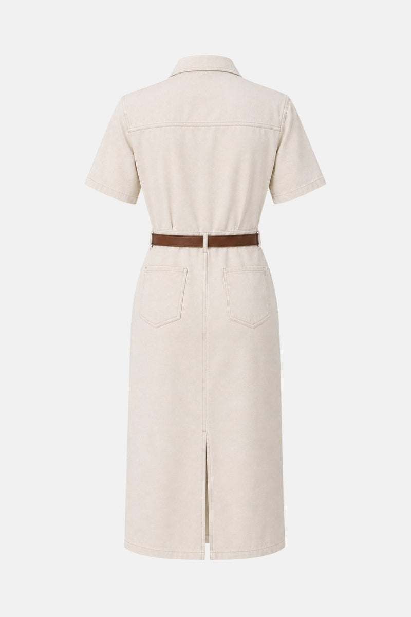 Back studio flat lay view of ivory midi shirt dress showing seam details, belt loops, and back hem vent.