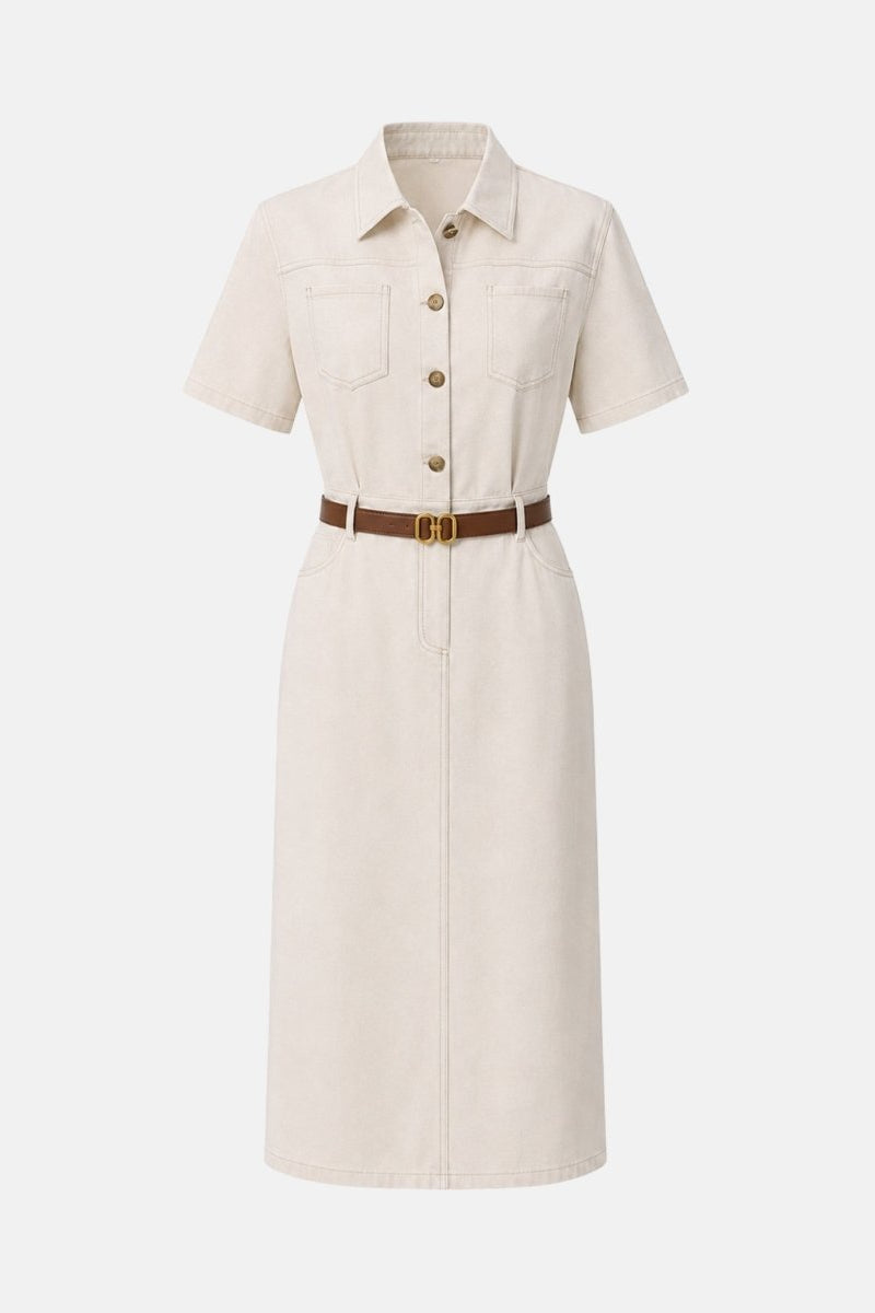 Front studio flat lay view of ivory short sleeve collared shirt dress with chest pockets and brown leather belt.