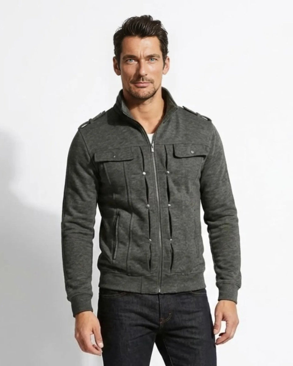 Model wearing the Kent men's military knit jacket in dark grey, front view against a white background.