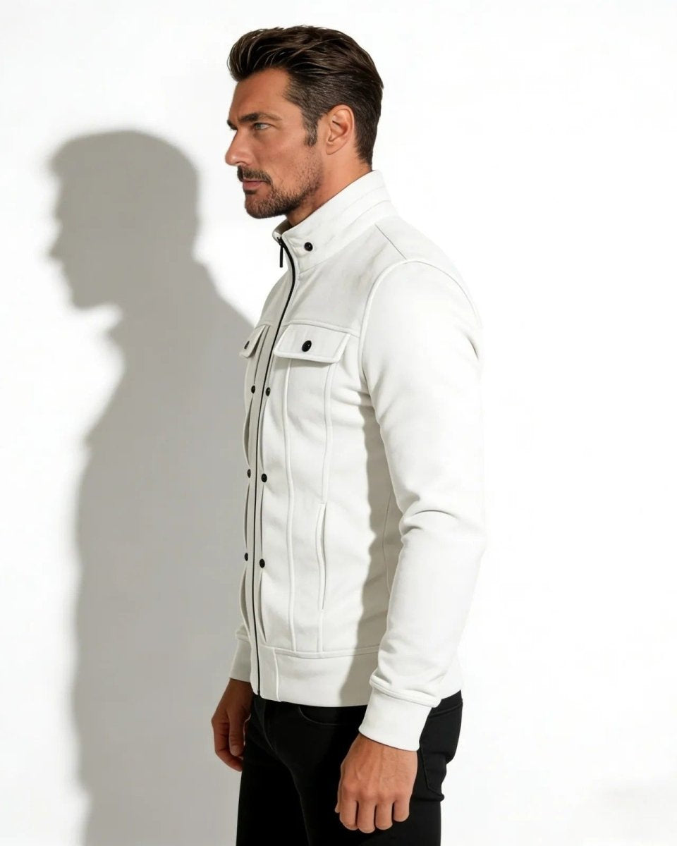 Side profile of a man wearing the Kent white technical jacket, showing its tailored fit and sleeve construction.