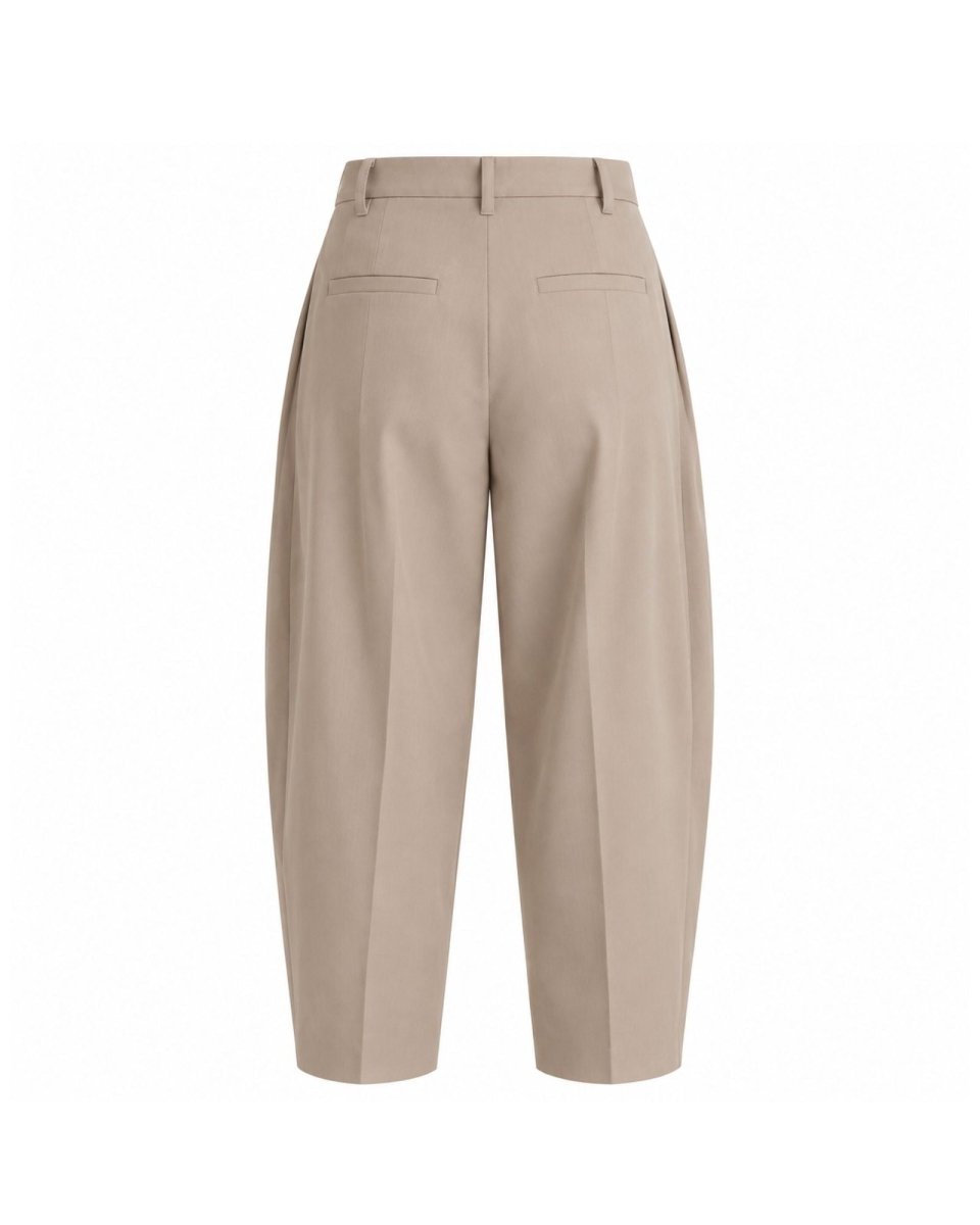 A pair of high-waisted, wide-leg cropped trousers in a light beige color, shown from the back on a plain white background.