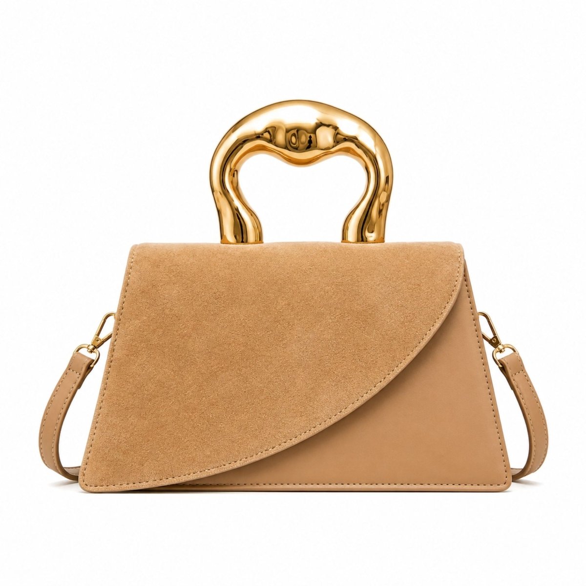 Front view of suede and smooth leather geometric handbag featuring an asymmetric flap and melted gold sculptural top handle.