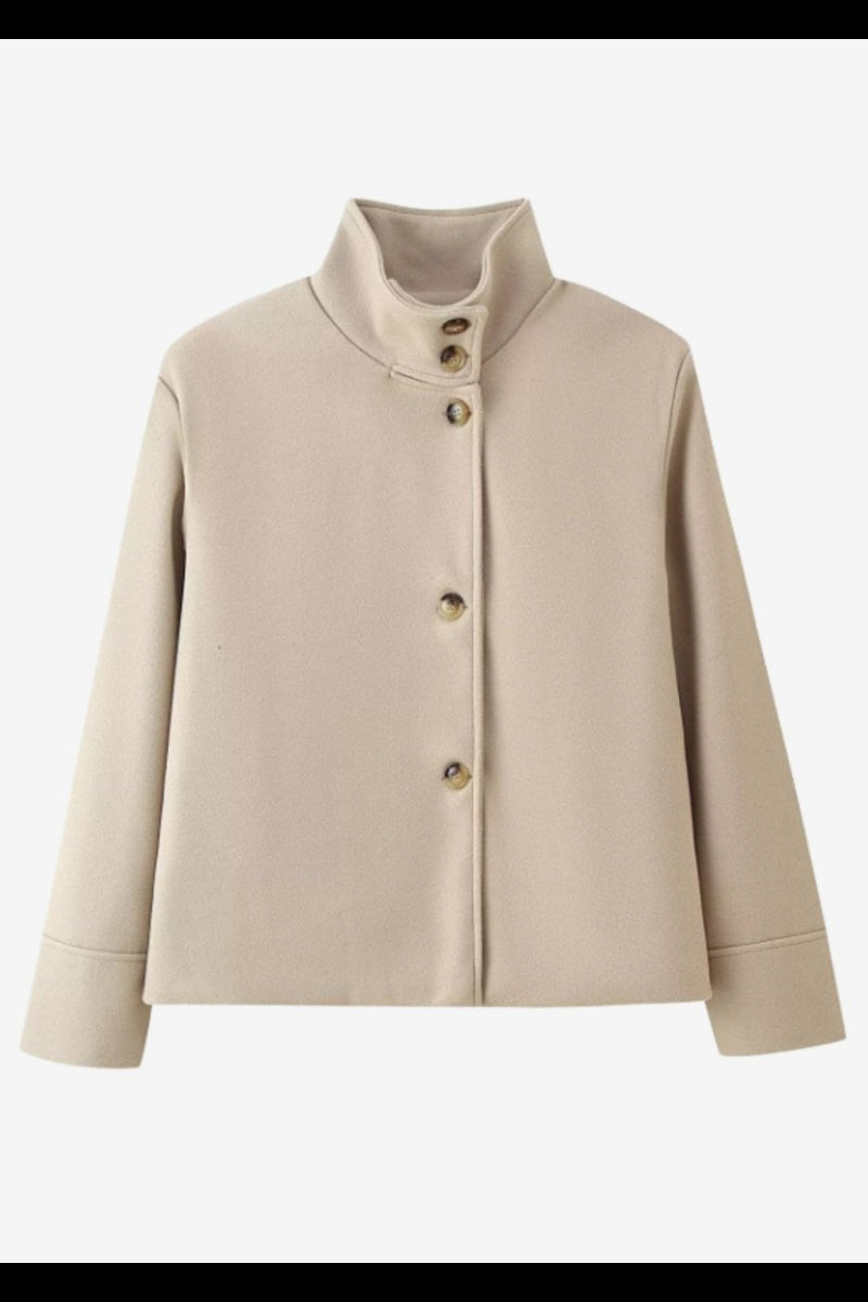 Flat lay product shot of the khaki wool button up cropped jacket featuring a stand collar.