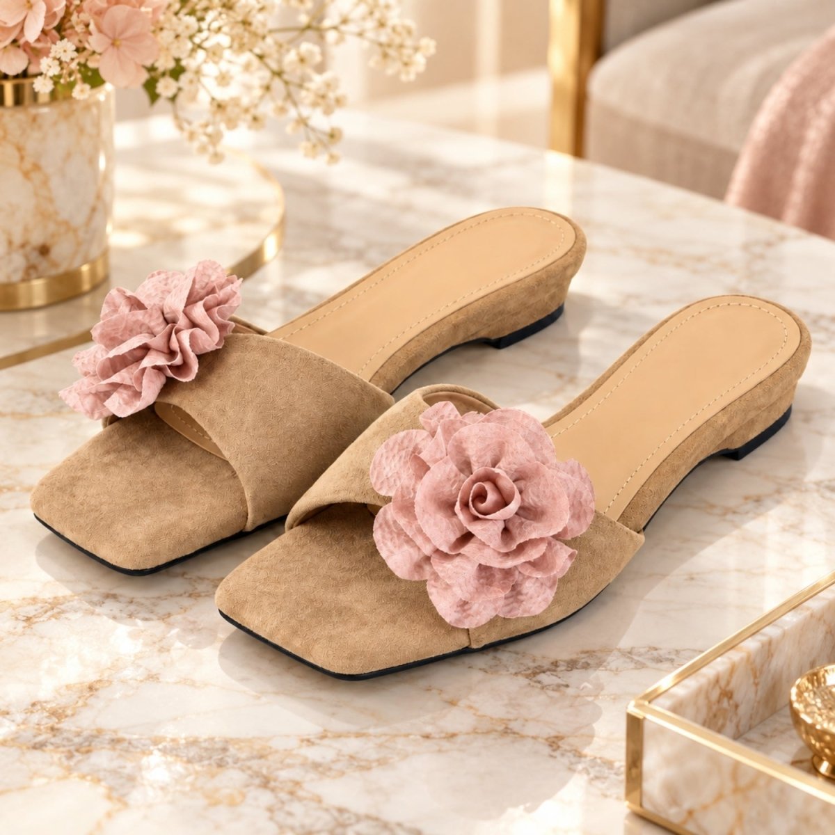 A pair of khaki suede mule sandals with large pink fabric flowers on the toe, displayed on a marble table in a styled interior setting.