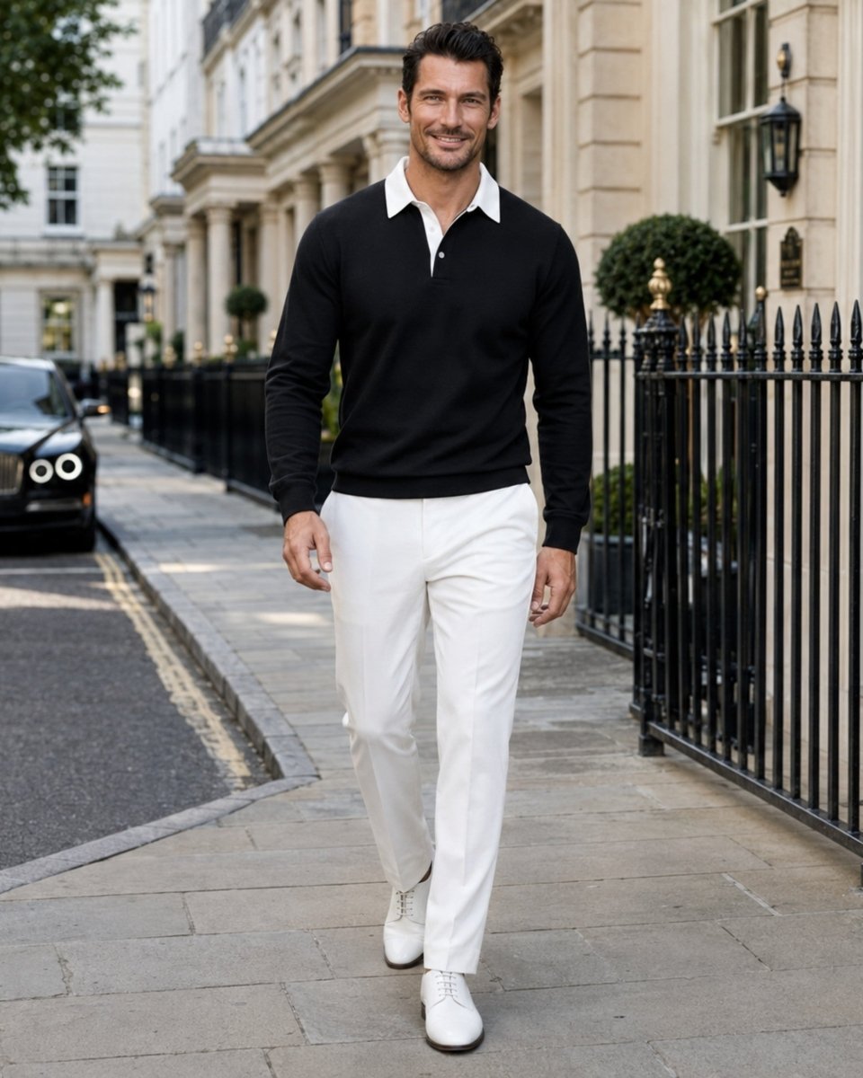 A man walking on a city sidewalk wearing a black long-sleeve polo sweater with a white collar, white trousers, and white shoes, with a street and elegant buildings in the background.