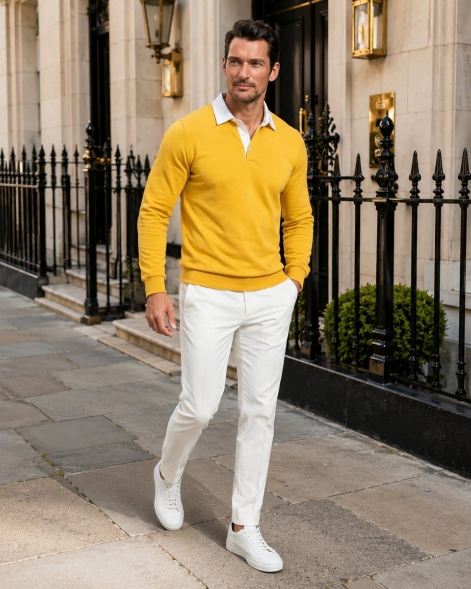 A man walking on a stone sidewalk in front of a building with black iron railings, wearing a mustard yellow long-sleeve polo sweater, white trousers, and white sneakers.