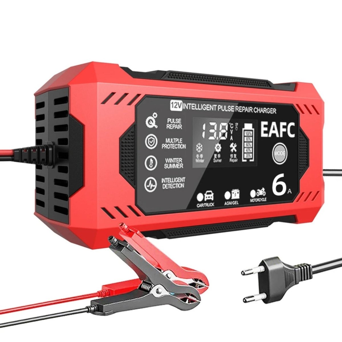 Kouvr 12V Intelligent Pulse Repair Car Battery Charger in signature red with positive and negative alligator clamps in the foreground.