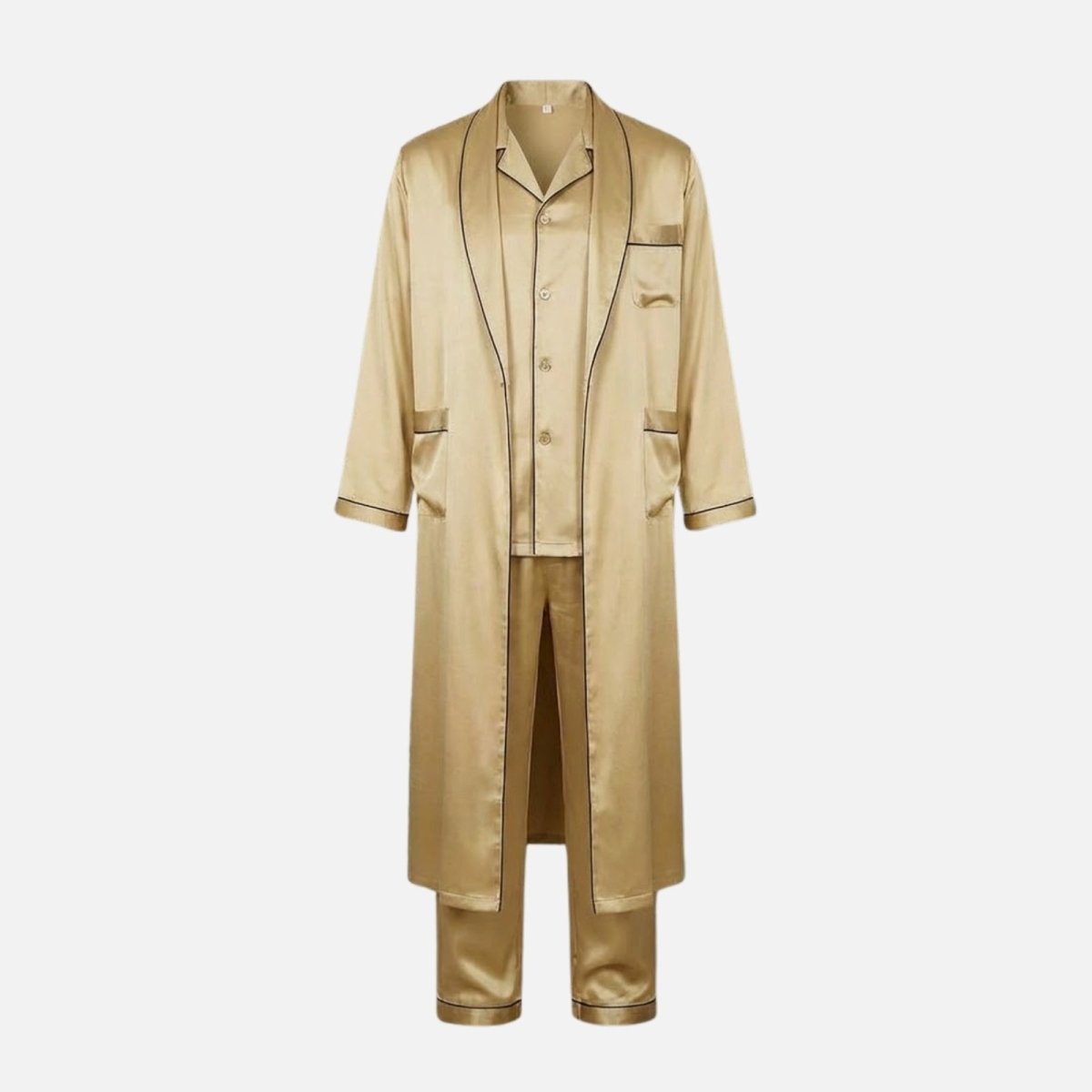 Product flat lay of the Kouvr men's three-piece pajama set in gold satin, showing the shirt, trousers, and robe arranged neatly.