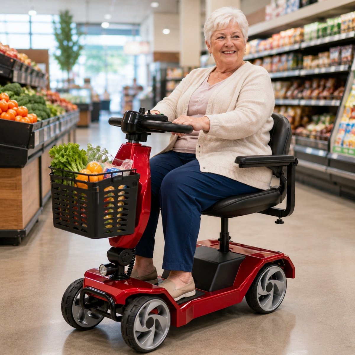 Kouvr 4-wheel lightweight red mobility scooter for adults with deluxe padded seat and black front mesh basket, seen at an outdoor entrance of a contemporary residential home.