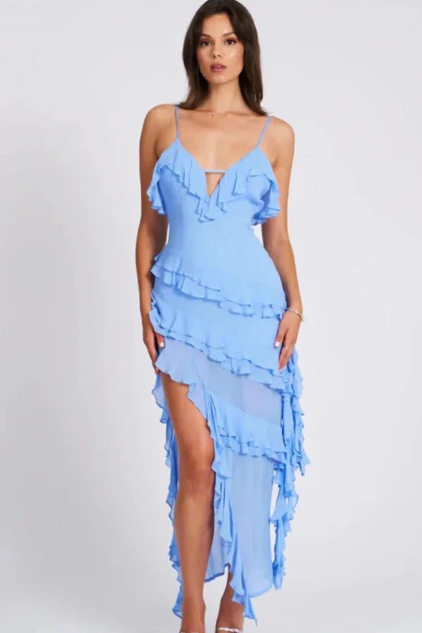 Model wearing Kouvr Aiah light blue asymmetric ruffle midi dress for a cocktail event