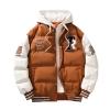 Flatlay product shot of the Kouvr men's camel hooded varsity puffer jacket, open to show the interior lining and layered design.