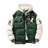 Product shot of the green and white hooded puffer varsity jacket with snap buttons open, showcasing the interior lining and detailed embroidery.