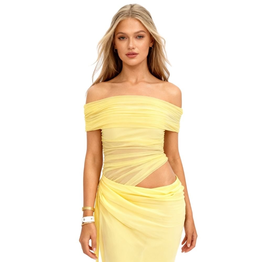 Close-up of the Anita yellow off-shoulder dress bodice, showing the draped mesh and cutout detail.