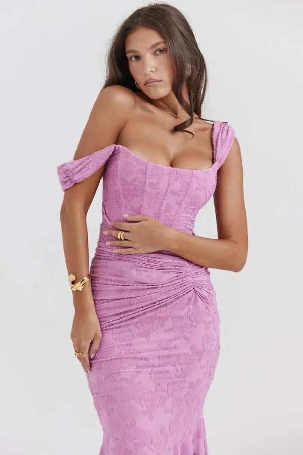 Model wearing Kouvr Arabella pink floral jacquard corset mermaid gown