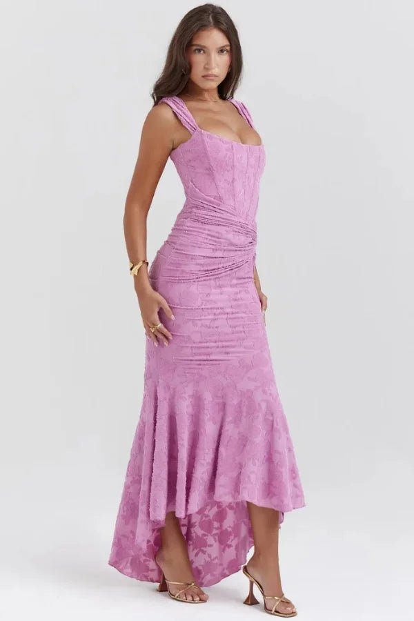Model wearing Kouvr Arabella pink floral jacquard corset mermaid gown