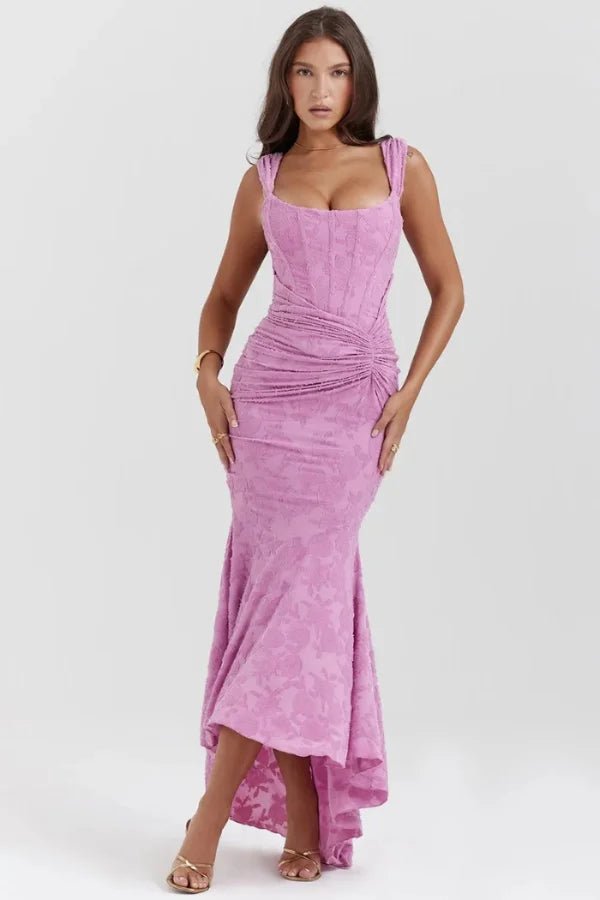 Model wearing Kouvr Arabella pink floral jacquard corset mermaid gown