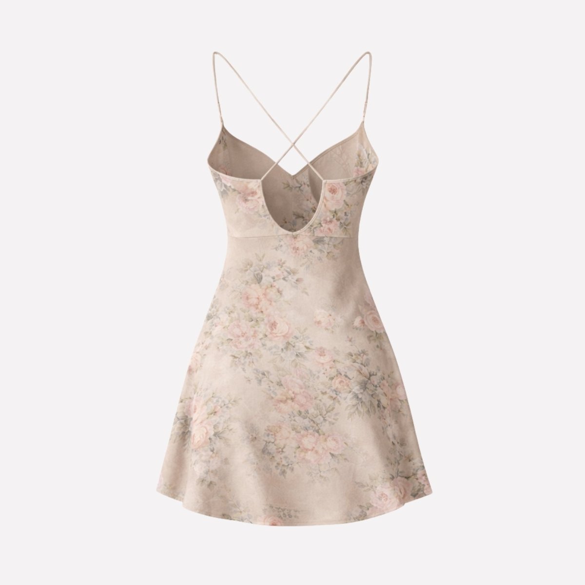 Flat lay of the back of the Kouvr Ariadne dress, showcasing the open back and criss-cross spaghetti straps.