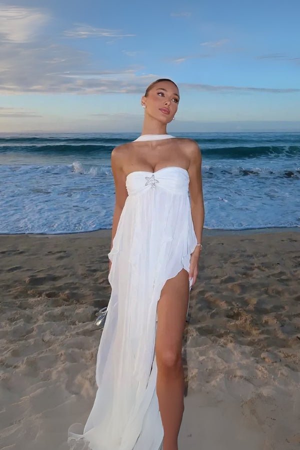 "ethereal," "goddess dress," "flowy," "resort wear," "Santorini style," "beach formal," and "honeymoon outfit