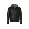 Product-only shot of the Kouvr Ascend men's black leather moto jacket with its removable grey hoodie insert zipped up against a white