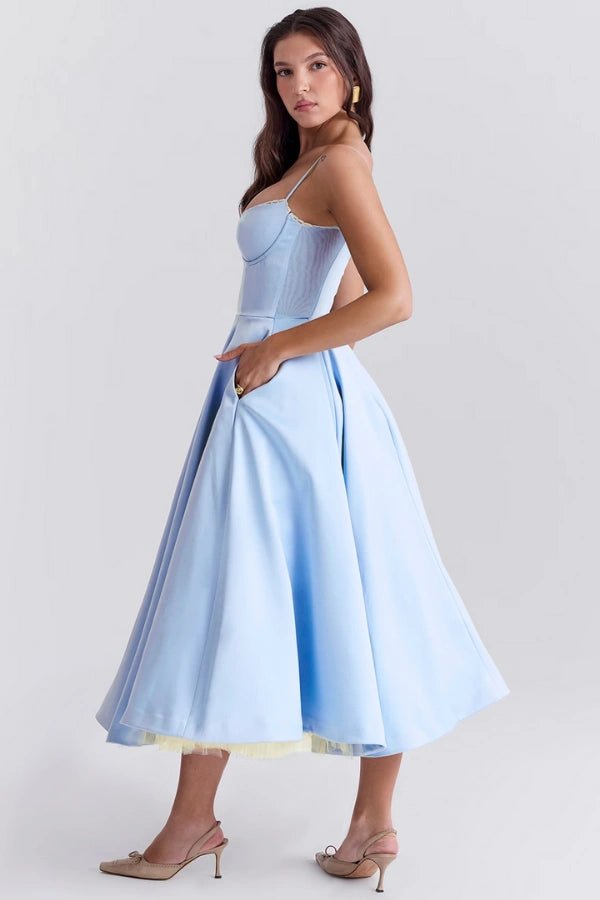 fit-and-flare silhouette', 'cinched waist', '1950s inspired gown', 'structured bodice', and 'sweetheart neckline