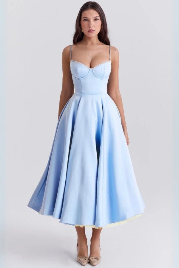 fit-and-flare silhouette', 'cinched waist', '1950s inspired gown', 'structured bodice', and 'sweetheart neckline