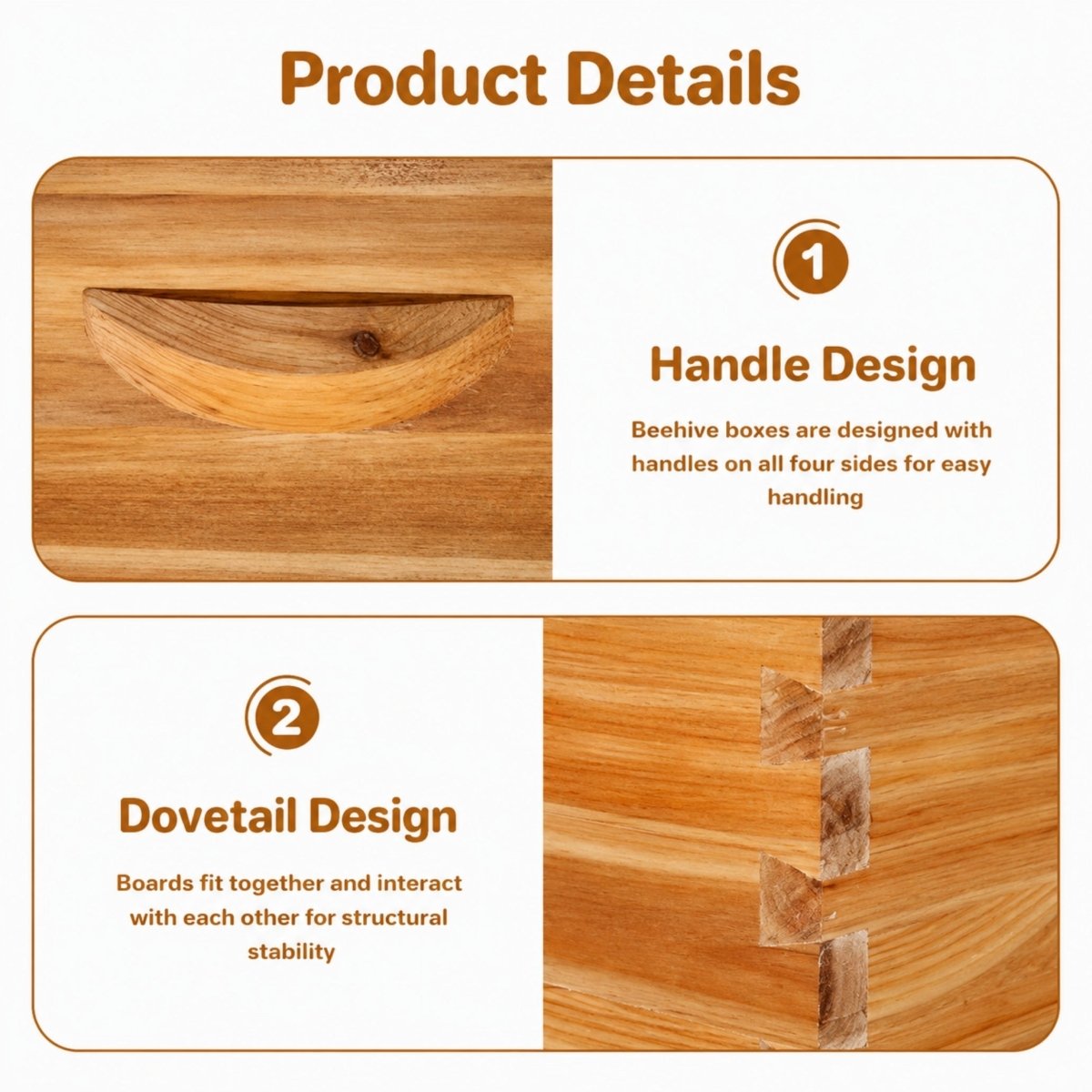 Close-up product details of the Kouvr beehive showing carved ergonomic handles on all four sides for easy lifting and precision dovetail joint design for maximum structural stability.