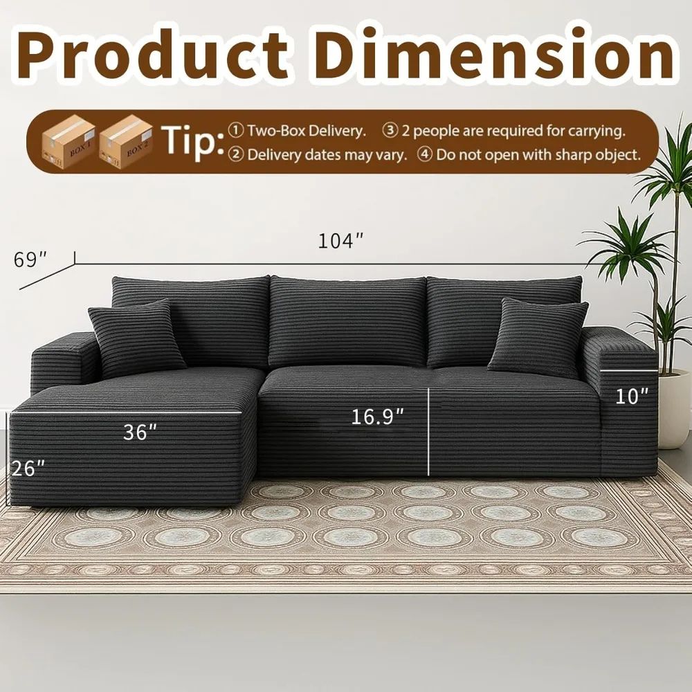A family relaxing on the black and dark grey Kouvr deep seat corduroy sectional sofa in a brightly lit, modern living room