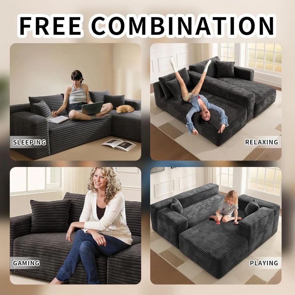 A family relaxing on the black and dark grey Kouvr deep seat corduroy sectional sofa in a brightly lit, modern living room