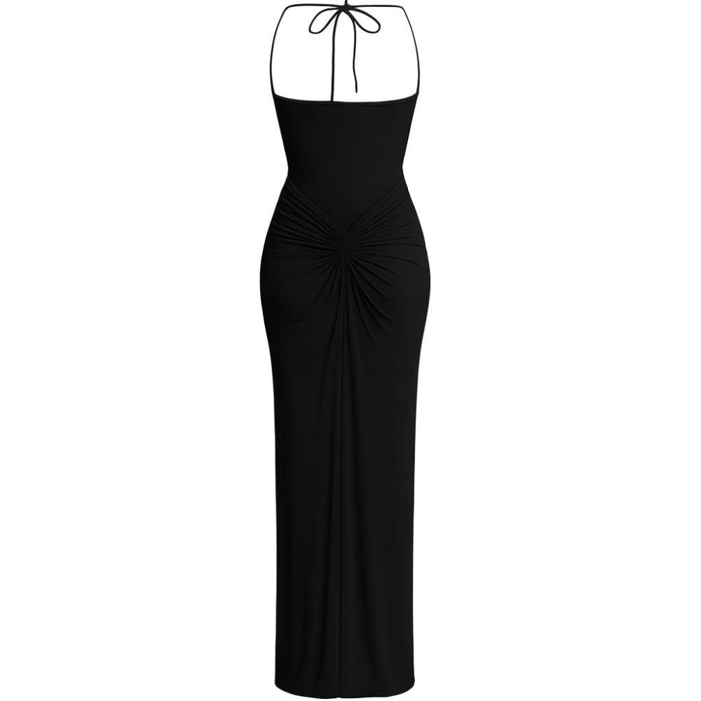 Black kouvr halter neck dress with white top on a white background