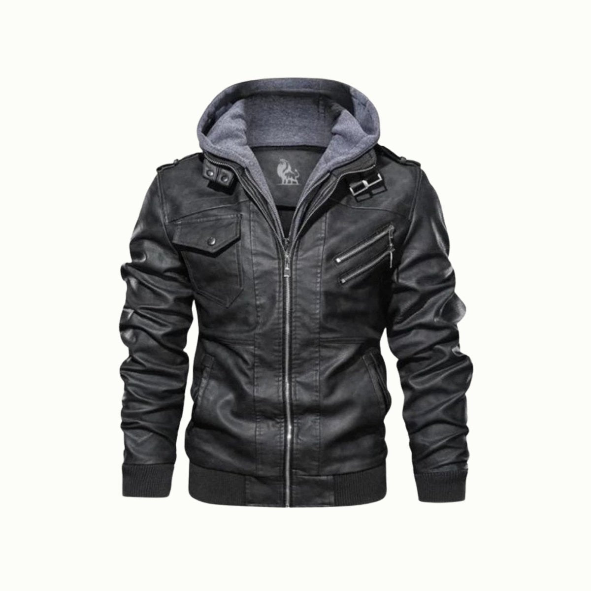 Product shot of the men's black faux leather jacket with a removable grey hood on a white background.