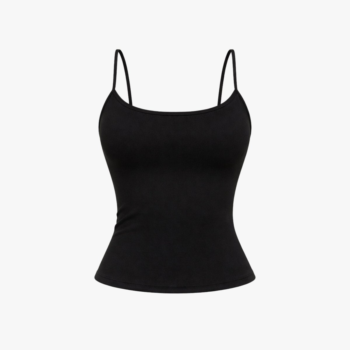 Flat lay product shot of Kouvr black scoop neck tank top showing luxury fabric texture and thin straps