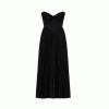 Model wearing the Kouvr Fashion black strapless pleated maxi gown