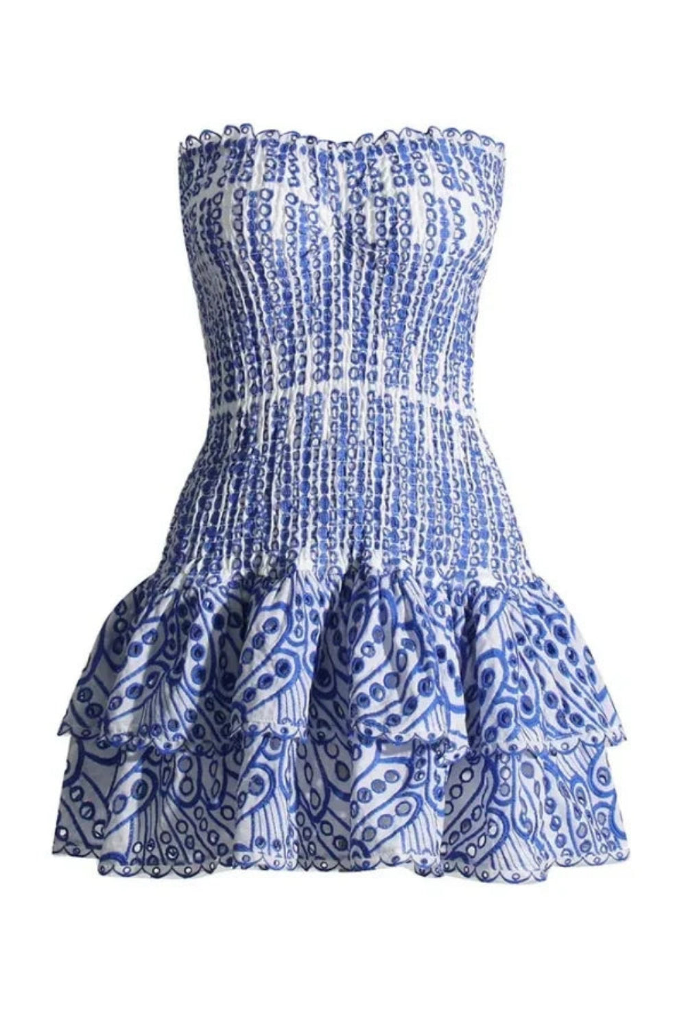 Model wearing the Kouvr Starla blue embroidered strapless mini dress against a studio background