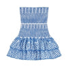 Model wearing the Kouvr Starla blue embroidered strapless mini dress against a studio background