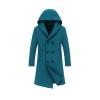 Close-up detail of the wide lapel, hood, and premium wool texture on the Kouvr Blue men's coat.