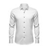 Front flat lay of the Kouvr Fashion men's white dress shirt, detailing the spread collar and full placket of contrasting black buttons.