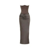 sculptural," "figure-flattering," "boned bodice," "ruched hip detail," and "black-tie attire